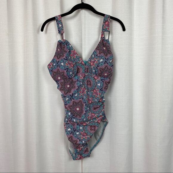 Spanx Love Your Assets In Bloom Blue&Pink Paisley One Piece Swimsuit Sz.L - Picture 3 of 12